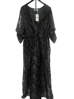 Sheer Floral Jacquard Black Maxi Robe with Tie Waist